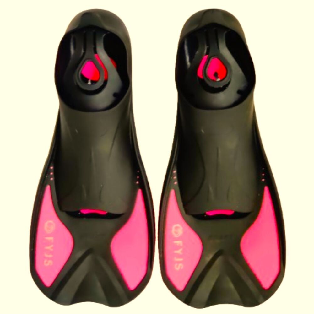 FYJS Swim Fins Short Blade Snorkeling Diving Flippers Black Pink Size L 9-10